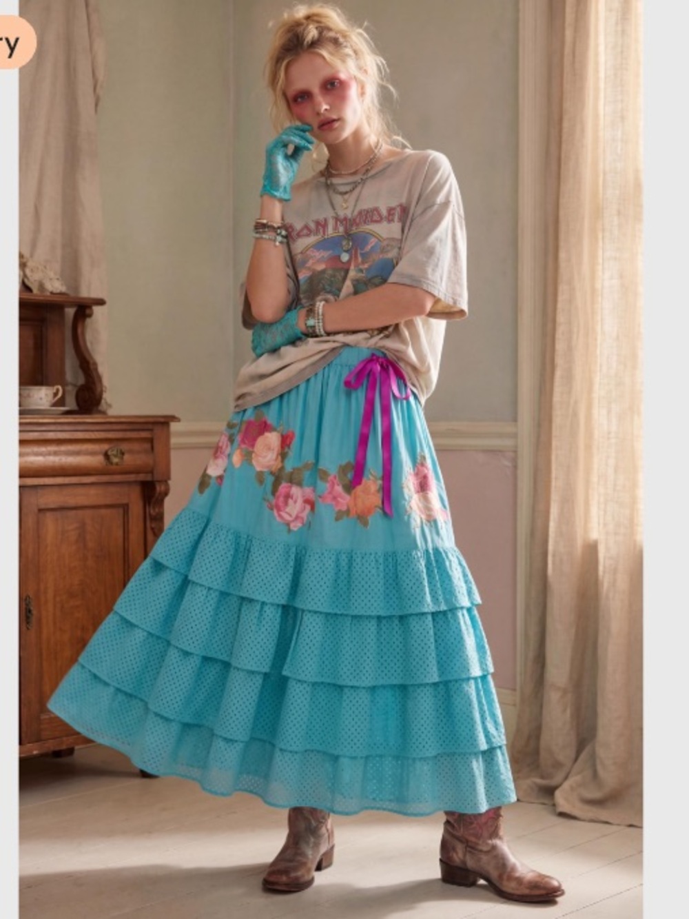 Hand Crafted Turquoise Floral Skirt with Magenta Ribbon